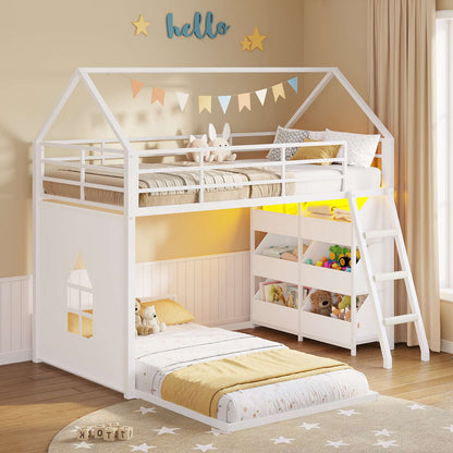 Hasuit | Low Bunk Bed Twin Over Twin with 6 Open Sliding Drawers and LED Light L shaped Floor Bunk Beds with Privacy curtain and Guardrail