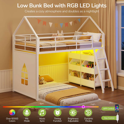 Hasuit | Low Bunk Bed Twin Over Twin with 6 Open Sliding Drawers and LED Light L shaped Floor Bunk Beds with Privacy curtain and Guardrail