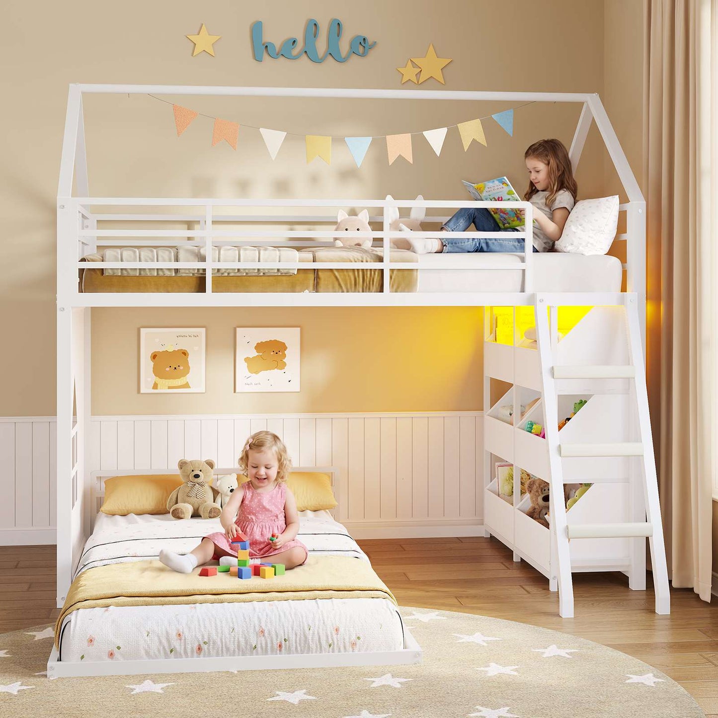 Hasuit | Low Bunk Bed Twin Over Twin with 6 Open Sliding Drawers and LED Light L shaped Floor Bunk Beds with Privacy curtain and Guardrail