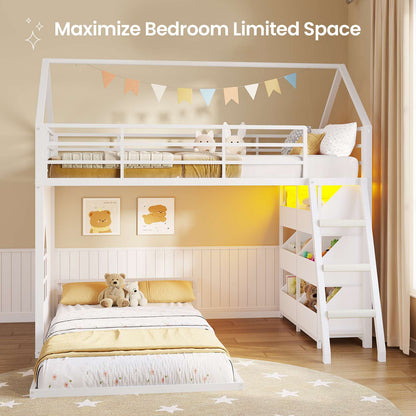 Hasuit | Low Bunk Bed Twin Over Twin with 6 Open Sliding Drawers and LED Light L shaped Floor Bunk Beds with Privacy curtain and Guardrail