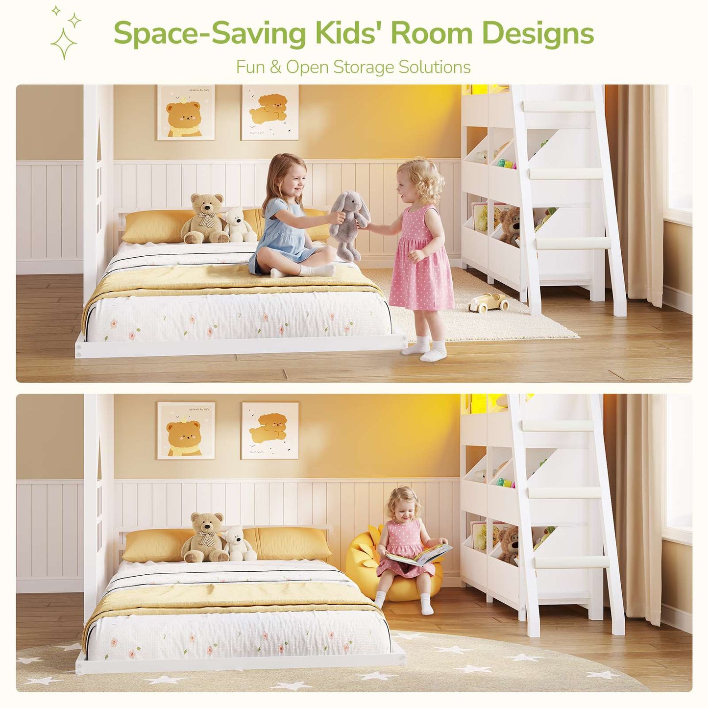 Hasuit | Low Bunk Bed Twin Over Twin with 6 Open Sliding Drawers and LED Light L shaped Floor Bunk Beds with Privacy curtain and Guardrail