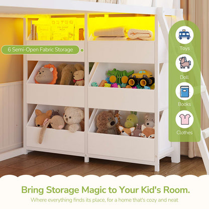 Hasuit | Low Bunk Bed Twin Over Twin with 6 Open Sliding Drawers and LED Light L shaped Floor Bunk Beds with Privacy curtain and Guardrail