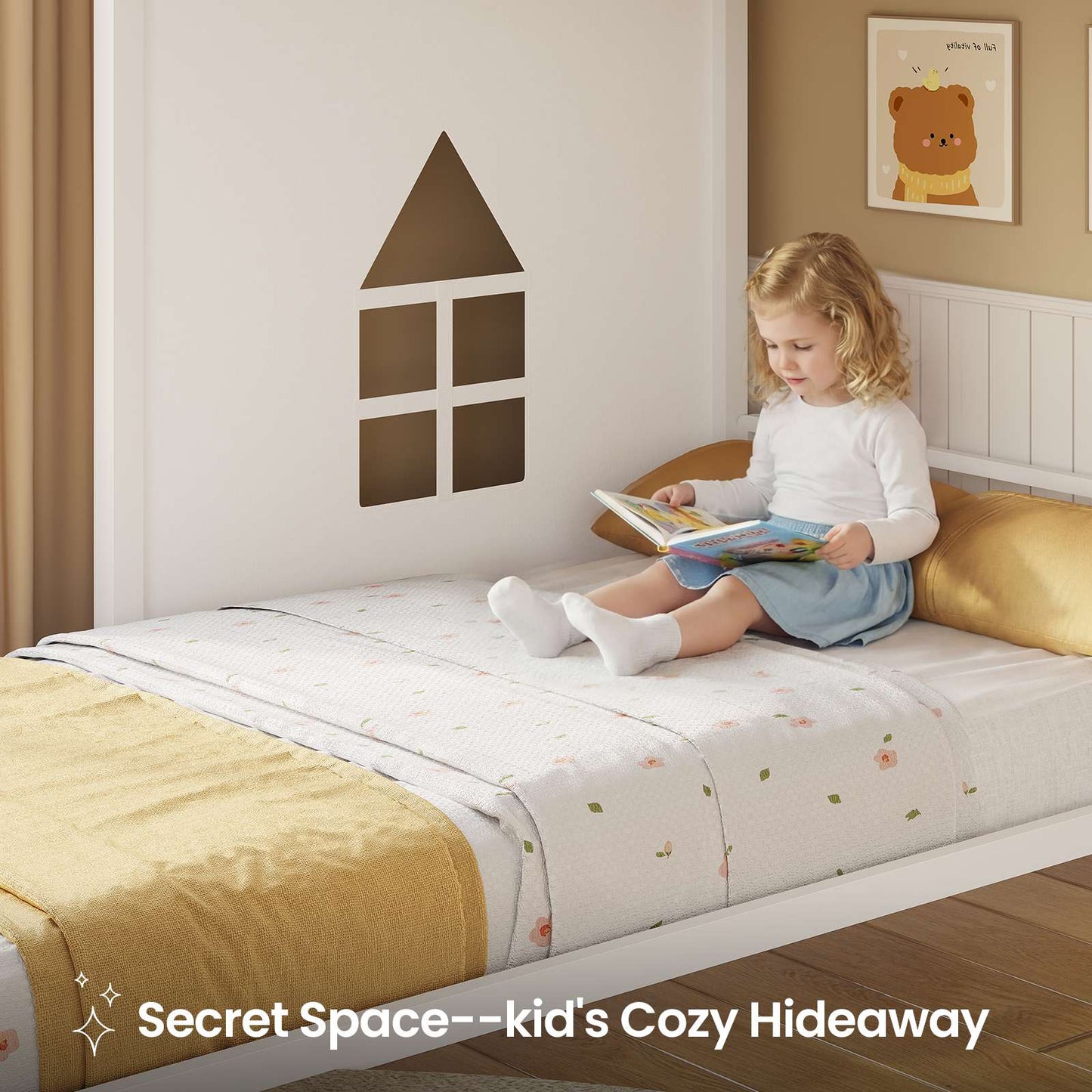 Hasuit | Low Bunk Bed Twin Over Twin with 6 Open Sliding Drawers and LED Light L shaped Floor Bunk Beds with Privacy curtain and Guardrail