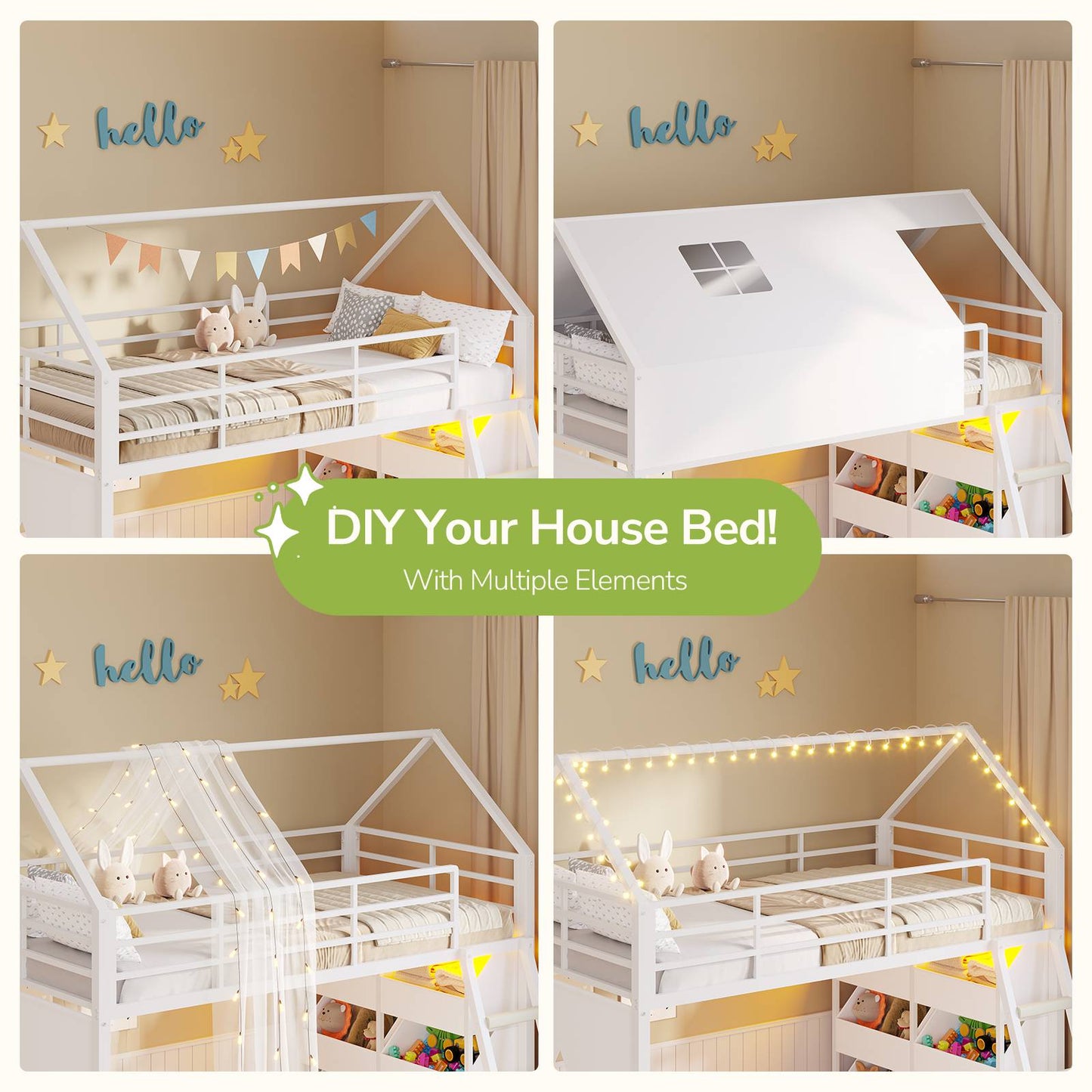 Hasuit | Low Bunk Bed Twin Over Twin with 6 Open Sliding Drawers and LED Light L shaped Floor Bunk Beds with Privacy curtain and Guardrail