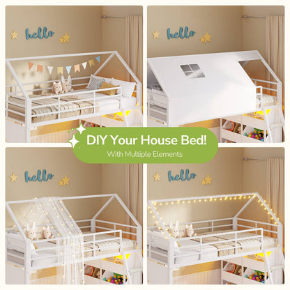 Hasuit | Low Bunk Bed Twin Over Twin with 6 Open Sliding Drawers and LED Light L shaped Floor Bunk Beds with Privacy curtain and Guardrail