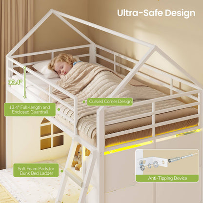 Hasuit | Low Bunk Bed Twin Over Twin with 6 Open Sliding Drawers and LED Light L shaped Floor Bunk Beds with Privacy curtain and Guardrail