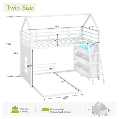 Hasuit | Low Bunk Bed Twin Over Twin with 6 Open Sliding Drawers and LED Light L shaped Floor Bunk Beds with Privacy curtain and Guardrail