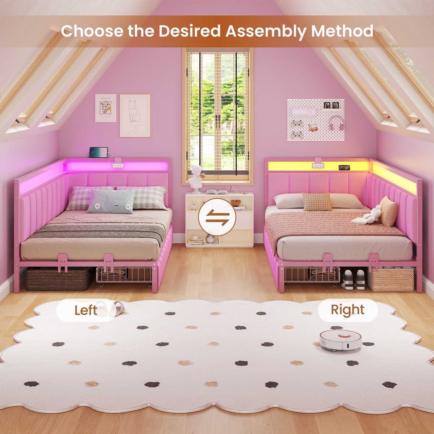 Hasuit | Corner Bed Frame with Storage Drawers Daybed with Line Fabric Upholstered Fence Kids Bed with LED Light and Charging Station Pink
