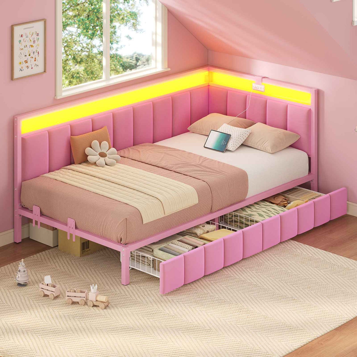 Hasuit | Corner Bed Frame with Storage Drawers Daybed with Line Fabric Upholstered Fence Kids Bed with LED Light and Charging Station Pink