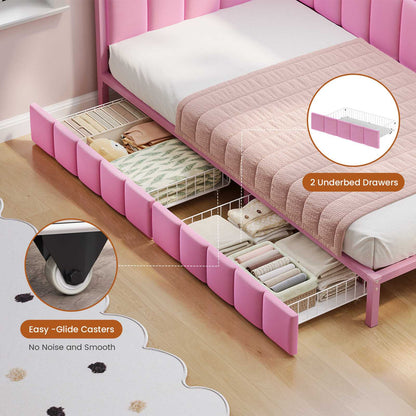 Hasuit | Corner Bed Frame with Storage Drawers Daybed with Line Fabric Upholstered Fence Kids Bed with LED Light and Charging Station Pink