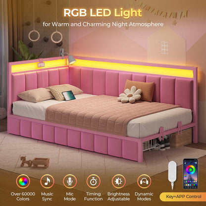 Hasuit | Corner Bed Frame with Storage Drawers Daybed with Line Fabric Upholstered Fence Kids Bed with LED Light and Charging Station Pink