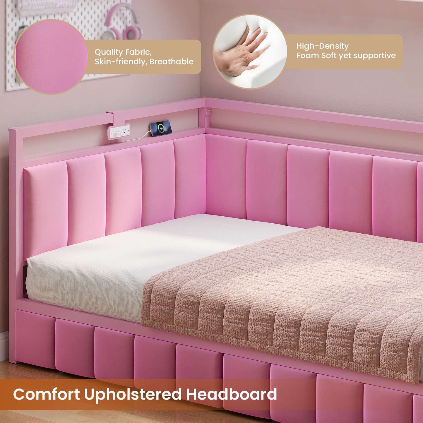 Hasuit | Corner Bed Frame with Storage Drawers Daybed with Line Fabric Upholstered Fence Kids Bed with LED Light and Charging Station Pink