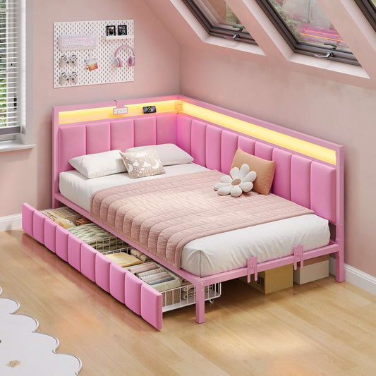 Hasuit | Corner Bed Frame with Storage Drawers Daybed with Line Fabric Upholstered Fence Kids Bed with LED Light and Charging Station Pink