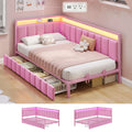Hasuit | Corner Bed Frame with Storage Drawers Daybed with Line Fabric Upholstered Fence Kids Bed with LED Light and Charging Station Pink