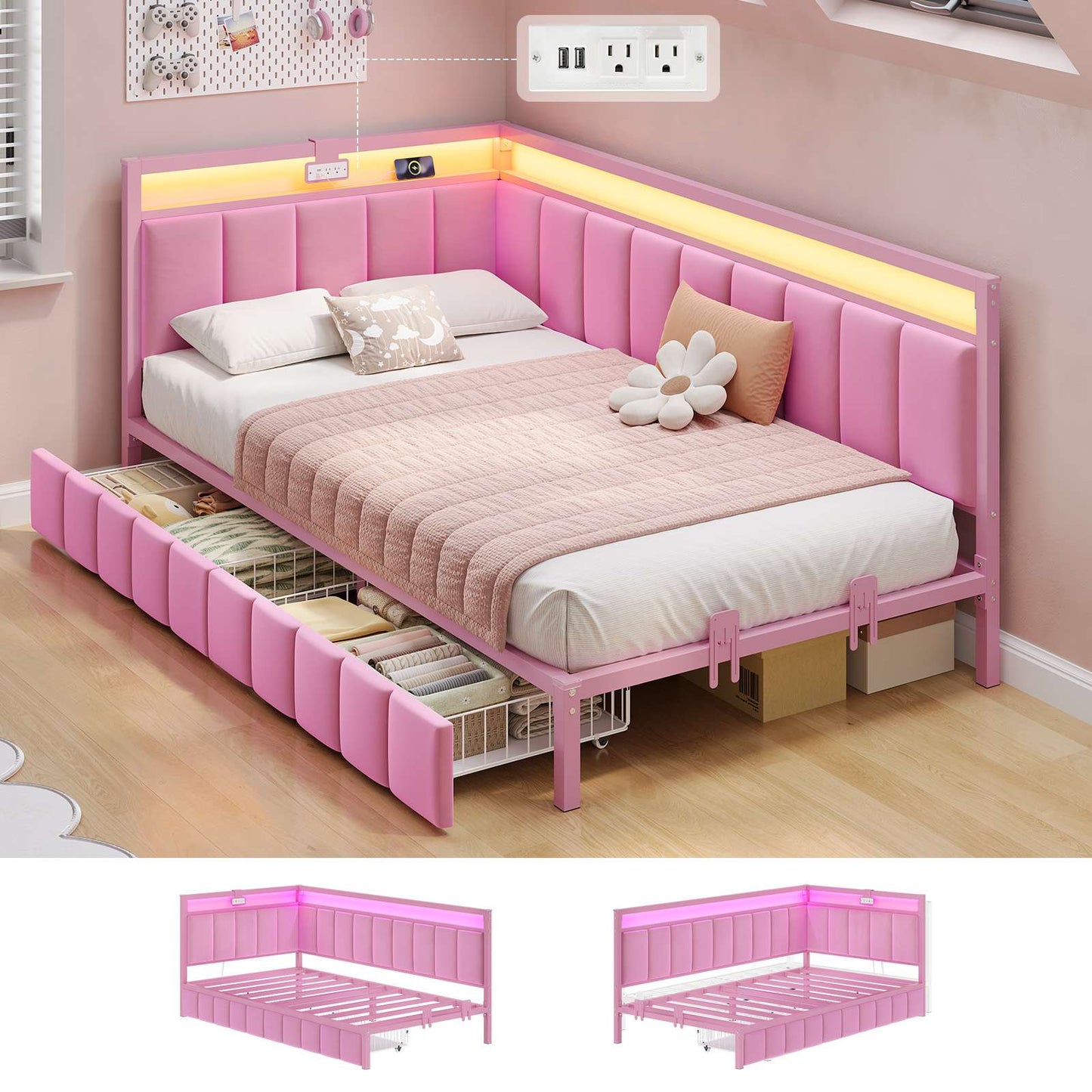 Hasuit | Corner Bed Frame with Storage Drawers Daybed with Line Fabric Upholstered Fence Kids Bed with LED Light and Charging Station Pink