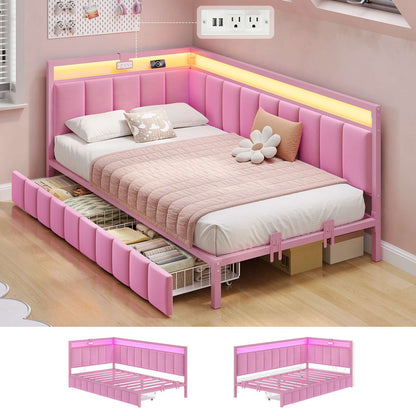 Hasuit | Corner Bed Frame with Storage Drawers Daybed with Line Fabric Upholstered Fence Kids Bed with LED Light and Charging Station Pink