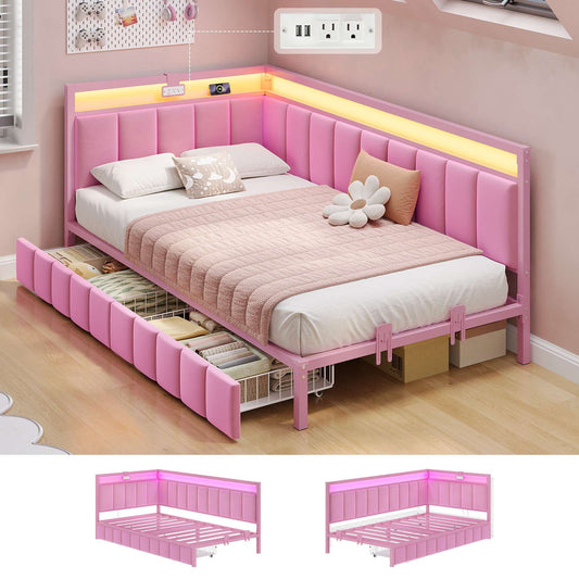 Hasuit | Corner Bed Frame with Storage Drawers Daybed with Line Fabric Upholstered Fence Kids Bed with LED Light and Charging Station Pink