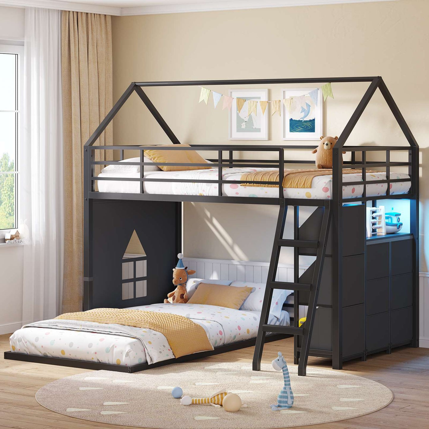 Hasuit | Bunk Bed Twin Over Twin with 6 Storage Drawers and 3 Open Bins L Shaped House Bunk Bed with LED Lights and Safety Guardrail