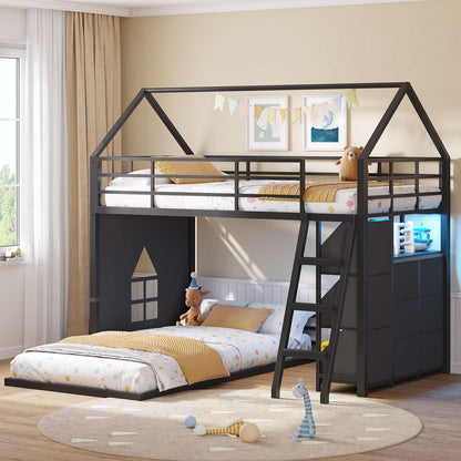 Hasuit | Bunk Bed Twin Over Twin with 6 Storage Drawers and 3 Open Bins L Shaped House Bunk Bed with LED Lights and Safety Guardrail