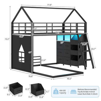 Hasuit | Bunk Bed Twin Over Twin with 6 Storage Drawers and 3 Open Bins L Shaped House Bunk Bed with LED Lights and Safety Guardrail
