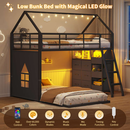 Hasuit | Bunk Bed Twin Over Twin with 6 Storage Drawers and 3 Open Bins L Shaped House Bunk Bed with LED Lights and Safety Guardrail
