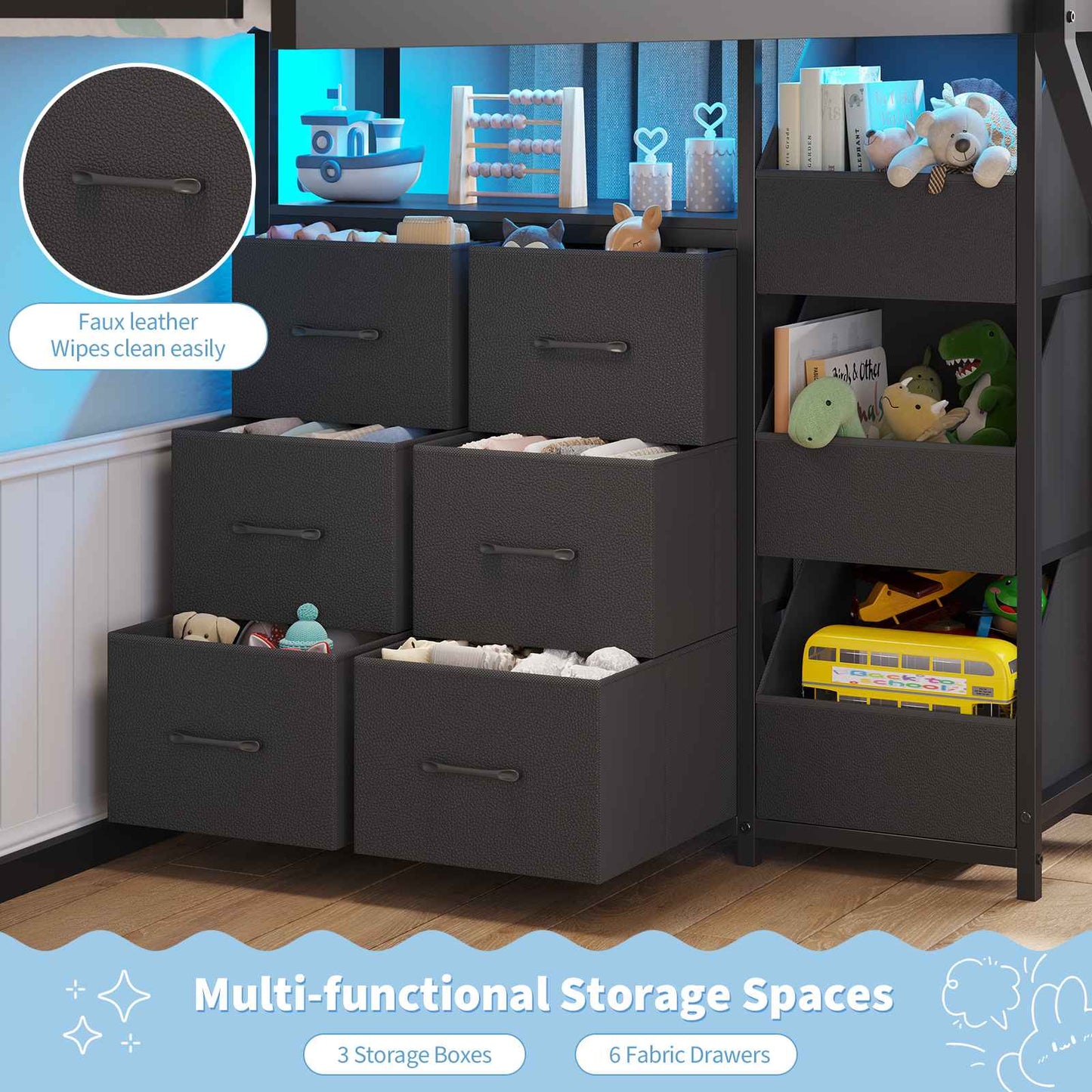 Hasuit | Bunk Bed Twin Over Twin with 6 Storage Drawers and 3 Open Bins L Shaped House Bunk Bed with LED Lights and Safety Guardrail
