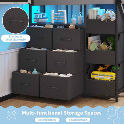 Hasuit | Bunk Bed Twin Over Twin with 6 Storage Drawers and 3 Open Bins L Shaped House Bunk Bed with LED Lights and Safety Guardrail