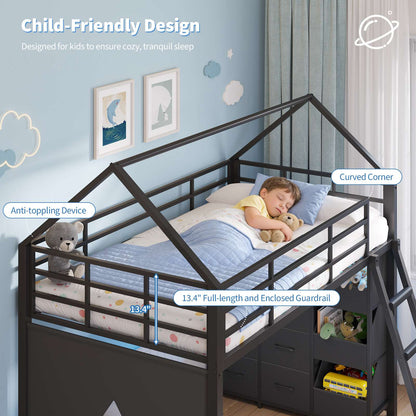 Hasuit | Bunk Bed Twin Over Twin with 6 Storage Drawers and 3 Open Bins L Shaped House Bunk Bed with LED Lights and Safety Guardrail