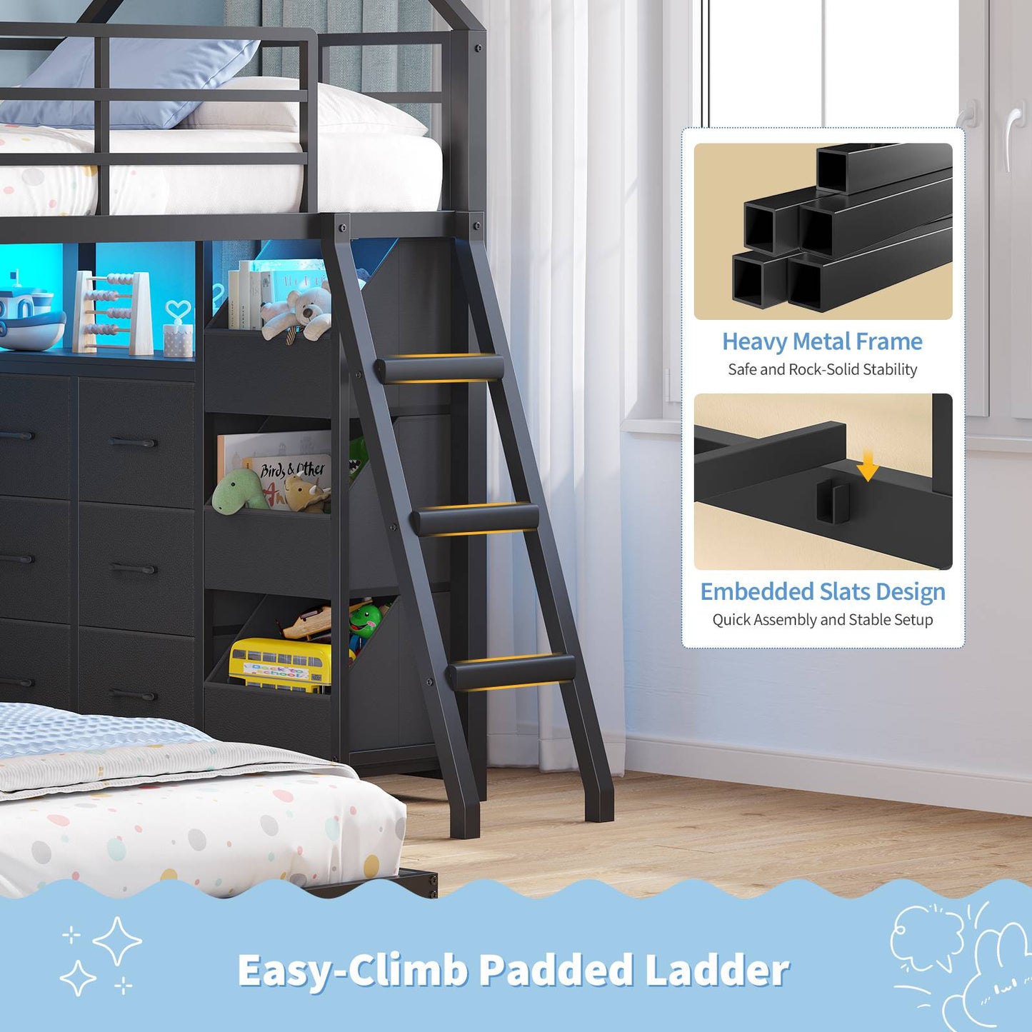 Hasuit | Bunk Bed Twin Over Twin with 6 Storage Drawers and 3 Open Bins L Shaped House Bunk Bed with LED Lights and Safety Guardrail