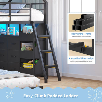 Hasuit | Bunk Bed Twin Over Twin with 6 Storage Drawers and 3 Open Bins L Shaped House Bunk Bed with LED Lights and Safety Guardrail