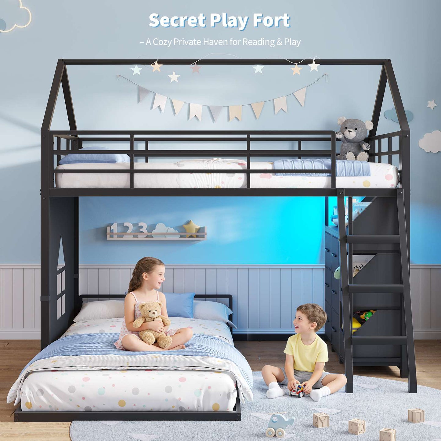Hasuit | Bunk Bed Twin Over Twin with 6 Storage Drawers and 3 Open Bins L Shaped House Bunk Bed with LED Lights and Safety Guardrail