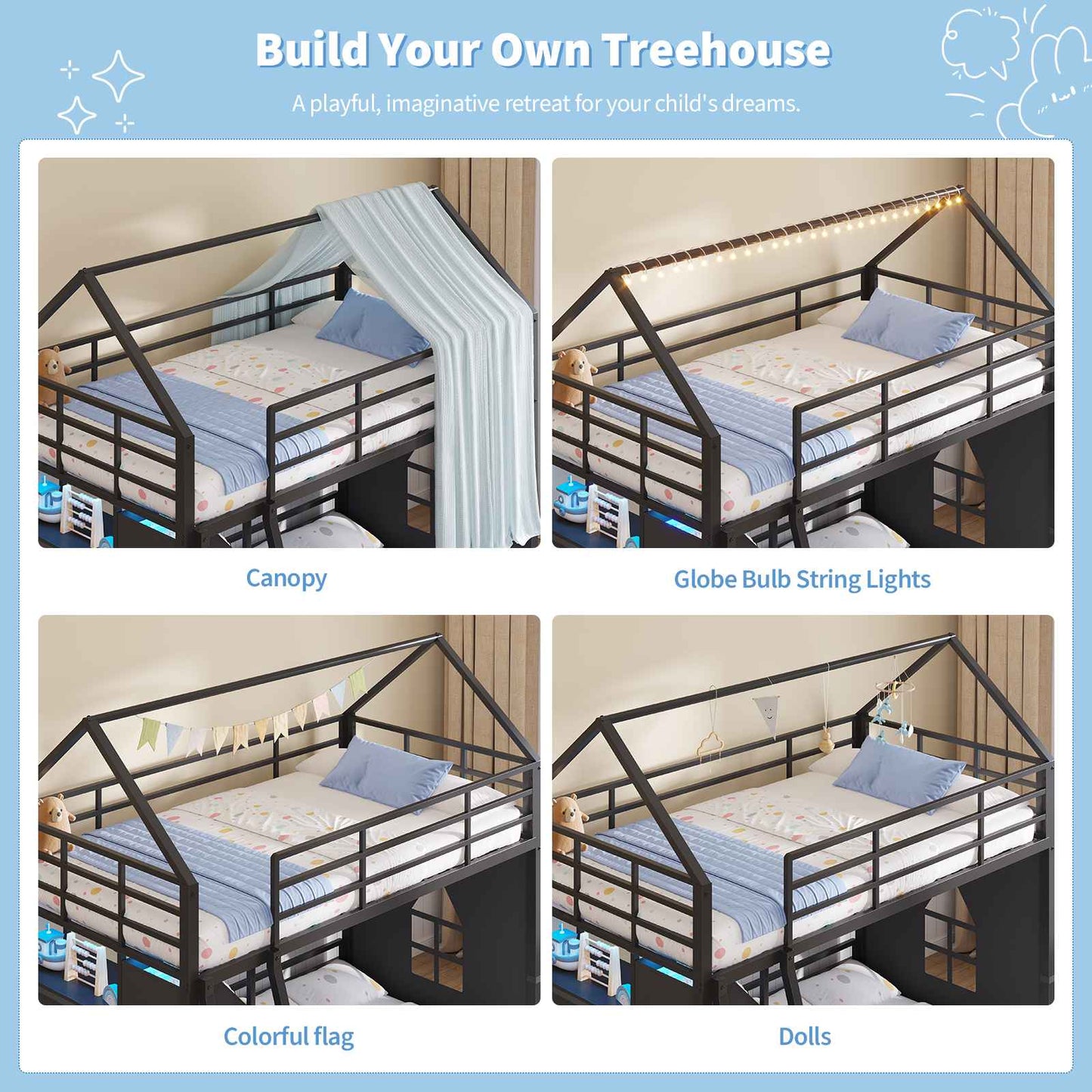 Hasuit | Bunk Bed Twin Over Twin with 6 Storage Drawers and 3 Open Bins L Shaped House Bunk Bed with LED Lights and Safety Guardrail