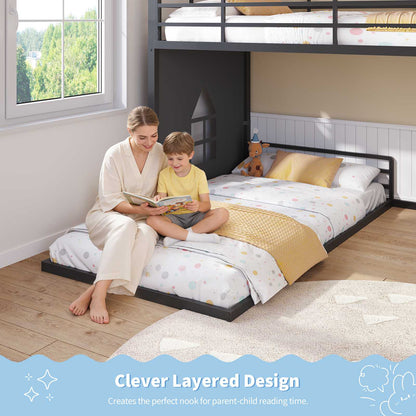 Hasuit | Bunk Bed Twin Over Twin with 6 Storage Drawers and 3 Open Bins L Shaped House Bunk Bed with LED Lights and Safety Guardrail
