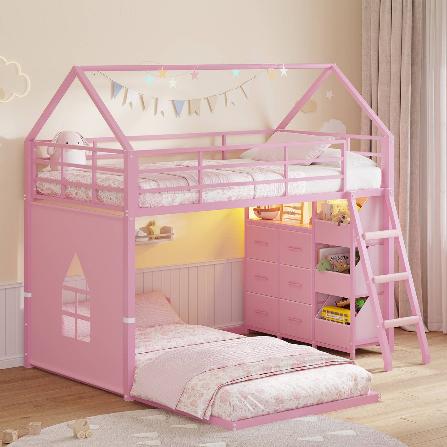 Hasuit | Bunk Bed Twin Over Twin with 6 Storage Drawers and 3 Open Bins L Shaped House Bunk Bed with LED Lights and Safety Guardrail