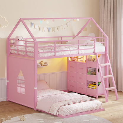 Hasuit | Bunk Bed Twin Over Twin with 6 Storage Drawers and 3 Open Bins L Shaped House Bunk Bed with LED Lights and Safety Guardrail