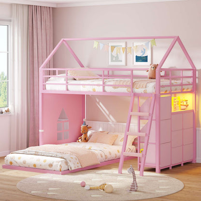 Hasuit | Bunk Bed Twin Over Twin with 6 Storage Drawers and 3 Open Bins L Shaped House Bunk Bed with LED Lights and Safety Guardrail