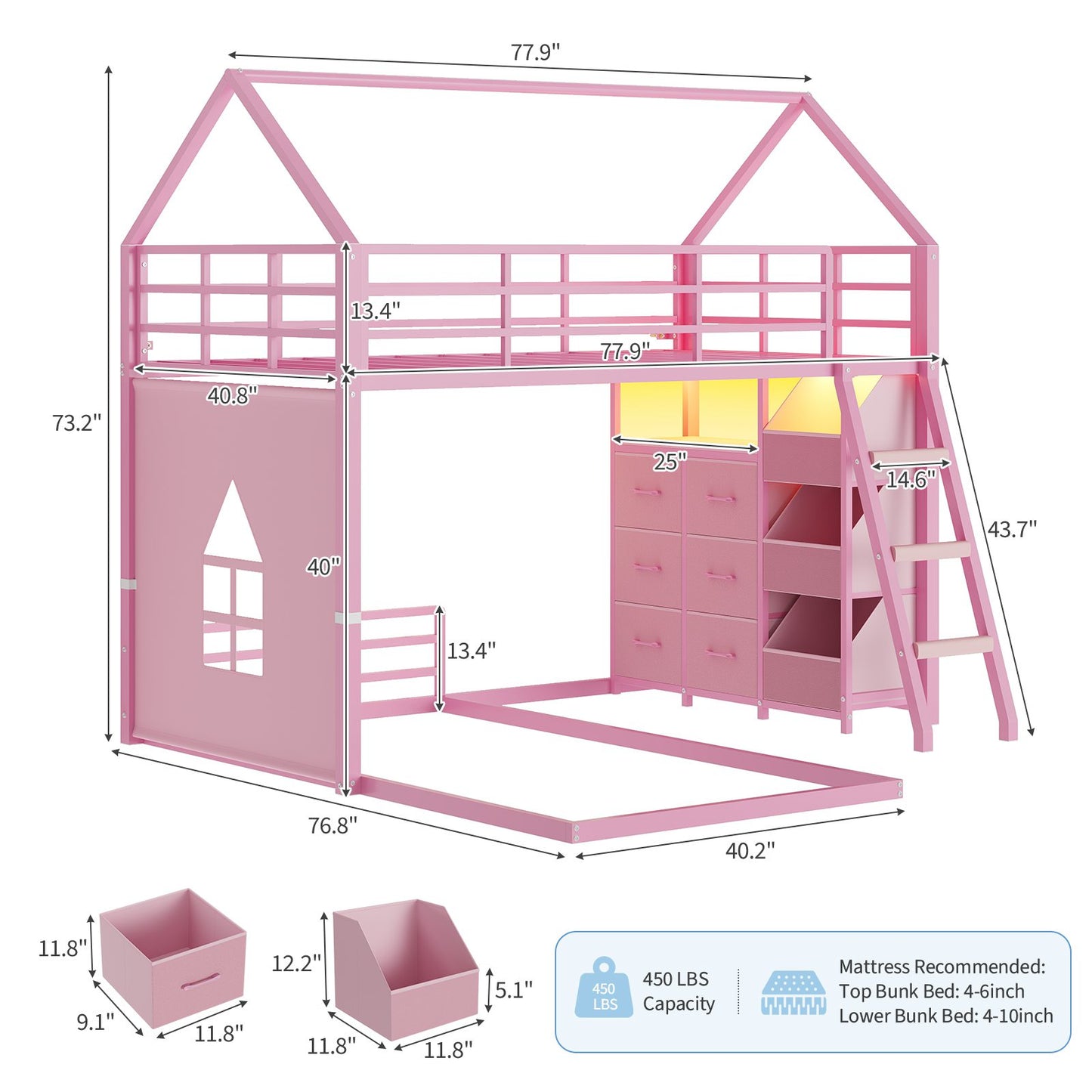 Hasuit | Bunk Bed Twin Over Twin with 6 Storage Drawers and 3 Open Bins L Shaped House Bunk Bed with LED Lights and Safety Guardrail