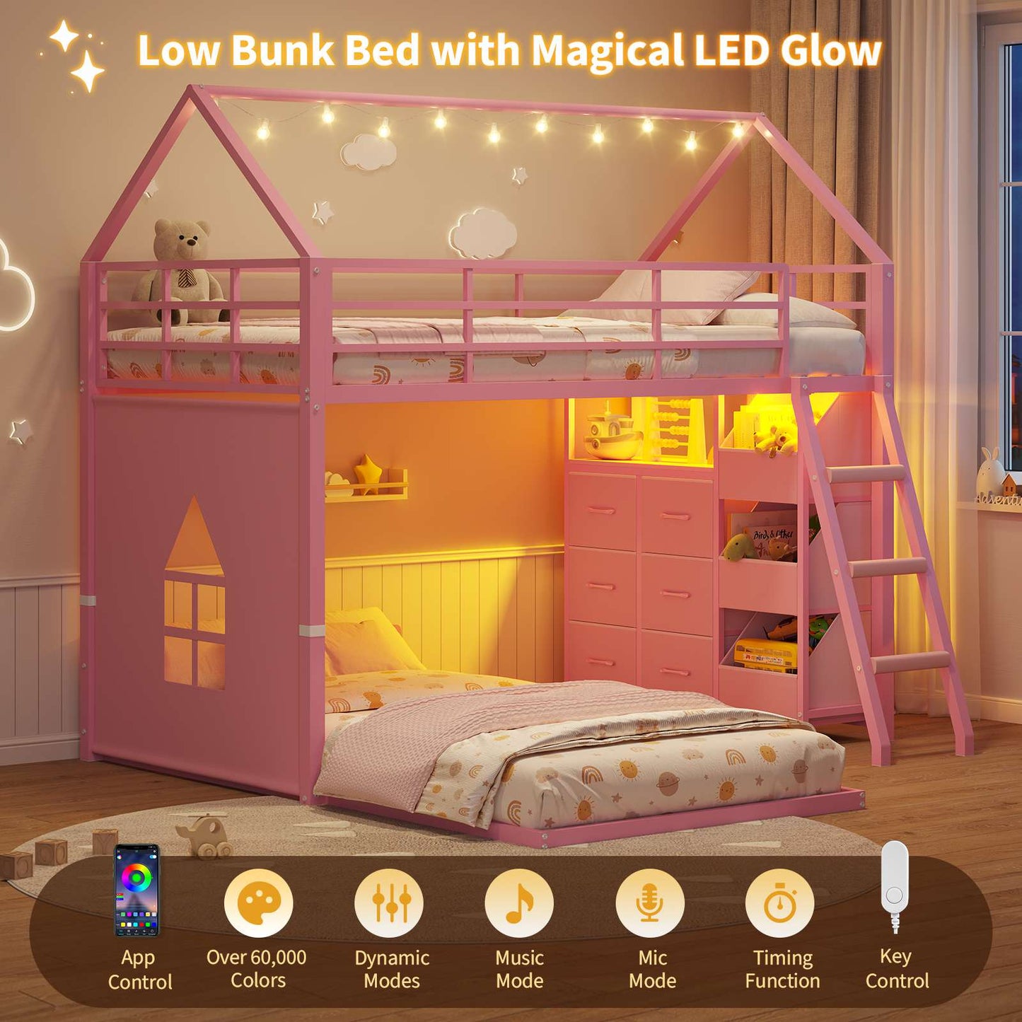 Hasuit | Bunk Bed Twin Over Twin with 6 Storage Drawers and 3 Open Bins L Shaped House Bunk Bed with LED Lights and Safety Guardrail