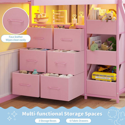 Hasuit | Bunk Bed Twin Over Twin with 6 Storage Drawers and 3 Open Bins L Shaped House Bunk Bed with LED Lights and Safety Guardrail