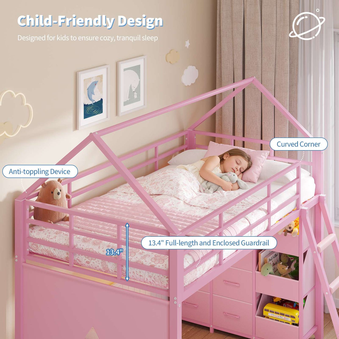 Hasuit | Bunk Bed Twin Over Twin with 6 Storage Drawers and 3 Open Bins L Shaped House Bunk Bed with LED Lights and Safety Guardrail