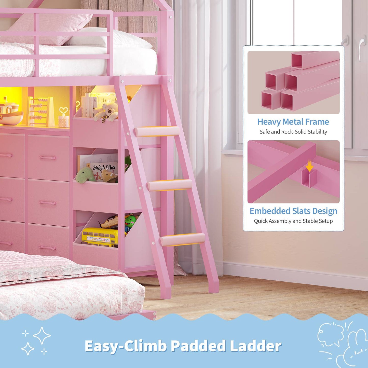 Hasuit | Bunk Bed Twin Over Twin with 6 Storage Drawers and 3 Open Bins L Shaped House Bunk Bed with LED Lights and Safety Guardrail