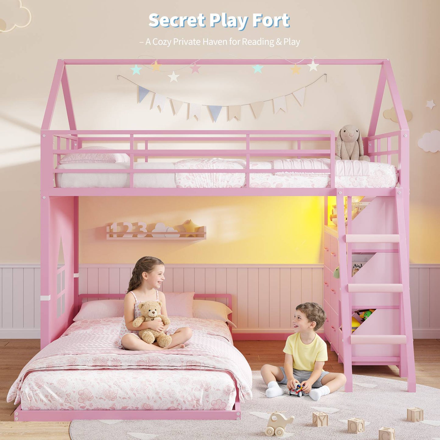 Hasuit | Bunk Bed Twin Over Twin with 6 Storage Drawers and 3 Open Bins L Shaped House Bunk Bed with LED Lights and Safety Guardrail