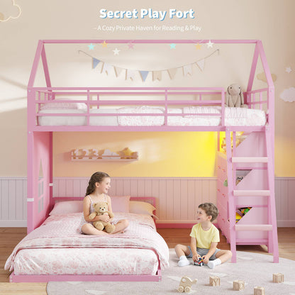 Hasuit | Bunk Bed Twin Over Twin with 6 Storage Drawers and 3 Open Bins L Shaped House Bunk Bed with LED Lights and Safety Guardrail
