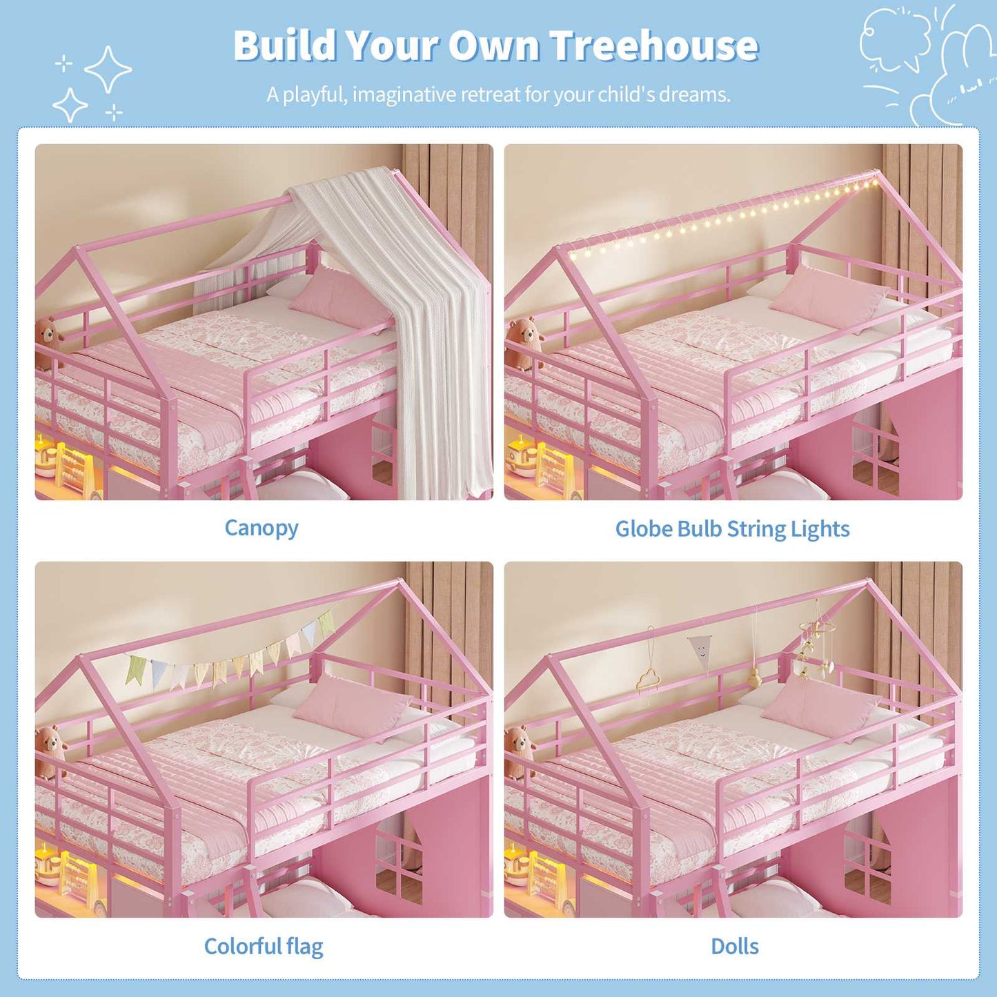 Hasuit | Bunk Bed Twin Over Twin with 6 Storage Drawers and 3 Open Bins L Shaped House Bunk Bed with LED Lights and Safety Guardrail