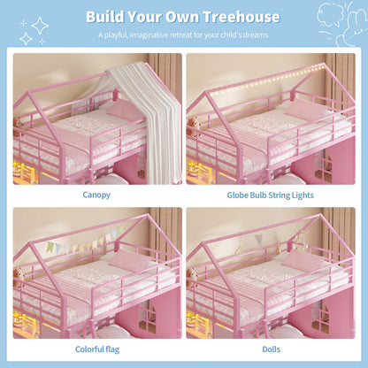 Hasuit | Bunk Bed Twin Over Twin with 6 Storage Drawers and 3 Open Bins L Shaped House Bunk Bed with LED Lights and Safety Guardrail