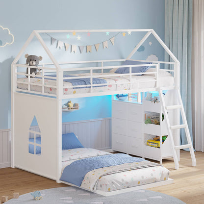 Hasuit | Bunk Bed Twin Over Twin with 6 Storage Drawers and 3 Open Bins L Shaped House Bunk Bed with LED Lights and Safety Guardrail
