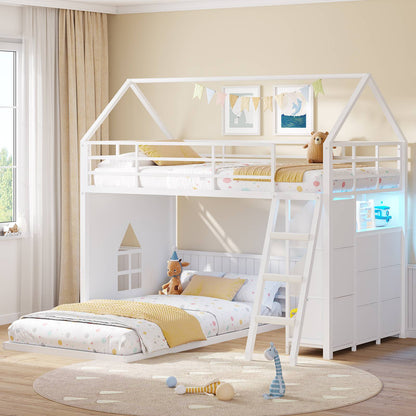 Hasuit | Bunk Bed Twin Over Twin with 6 Storage Drawers and 3 Open Bins L Shaped House Bunk Bed with LED Lights and Safety Guardrail