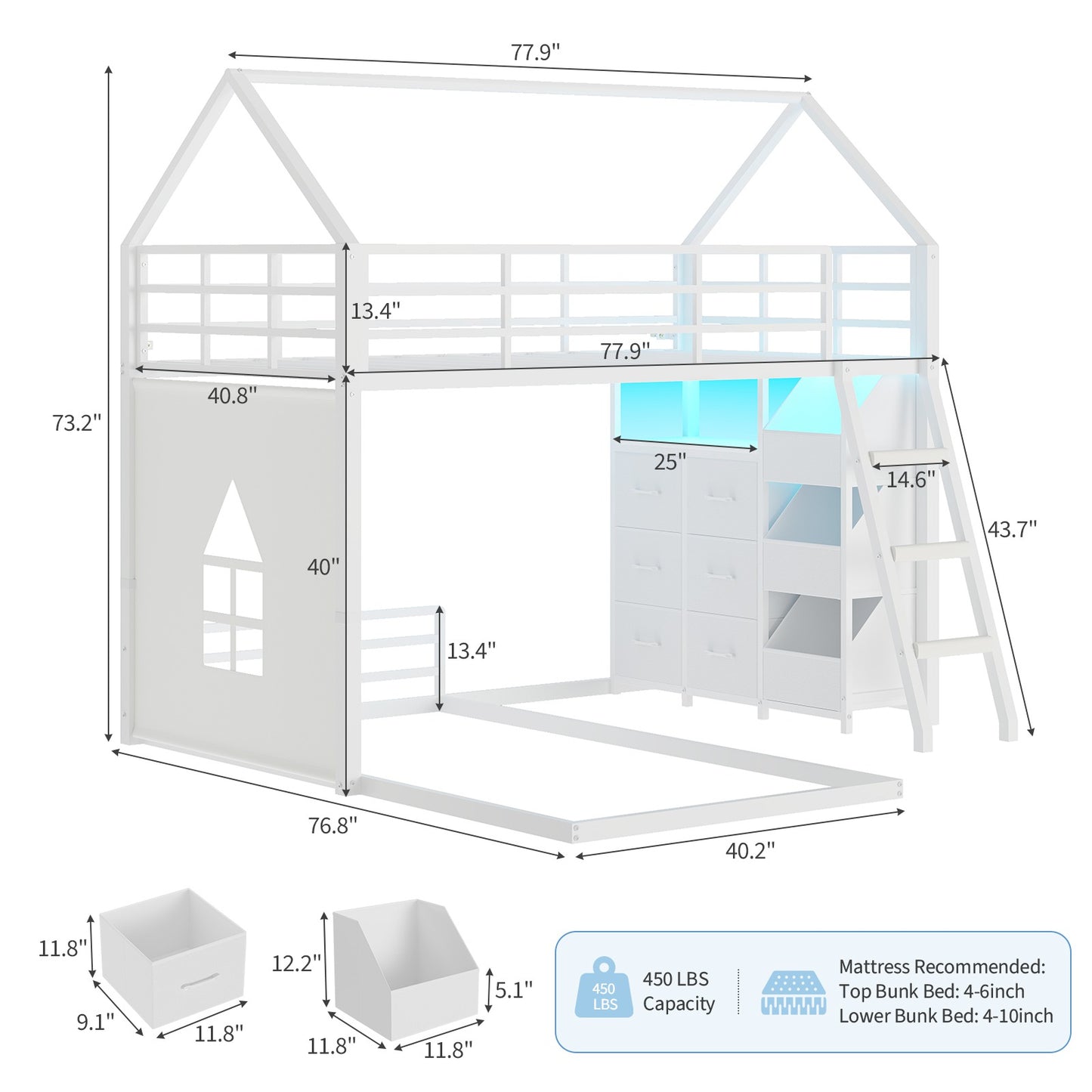 Hasuit | Bunk Bed Twin Over Twin with 6 Storage Drawers and 3 Open Bins L Shaped House Bunk Bed with LED Lights and Safety Guardrail