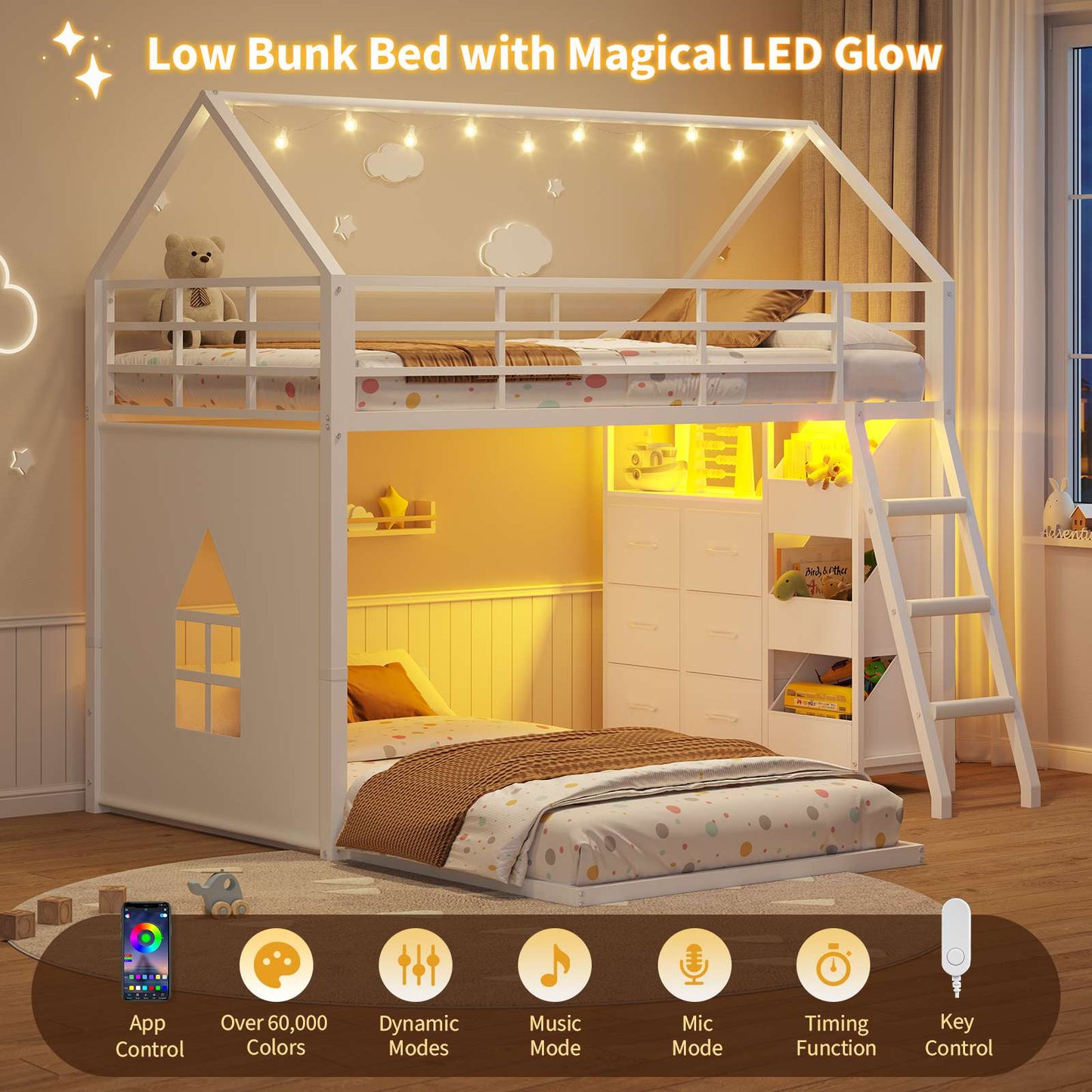 Hasuit | Bunk Bed Twin Over Twin with 6 Storage Drawers and 3 Open Bins L Shaped House Bunk Bed with LED Lights and Safety Guardrail