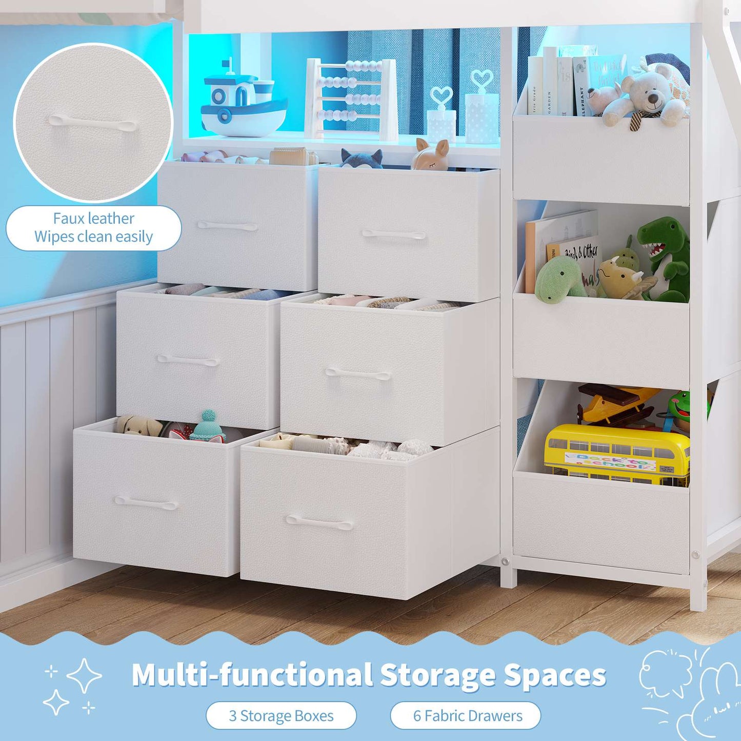 Hasuit | Bunk Bed Twin Over Twin with 6 Storage Drawers and 3 Open Bins L Shaped House Bunk Bed with LED Lights and Safety Guardrail